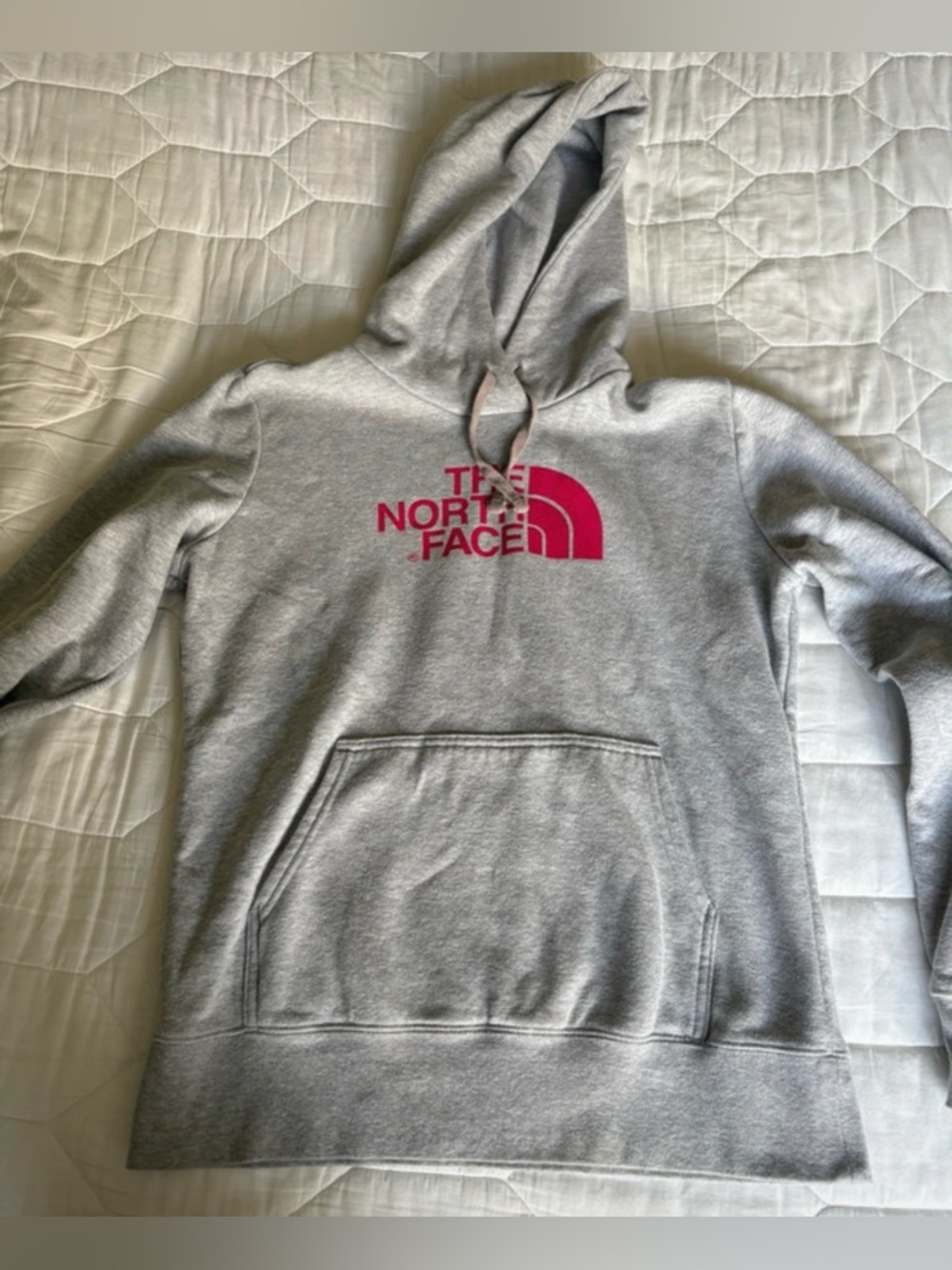 The North Face Light Gray Hoodie with Pink Logo Size M with Kangaroo Pockets